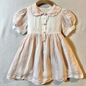 Sal and Pimenta Girls 3T Linen Stripped Pink Dress Embroidered Bow Peter Pan
